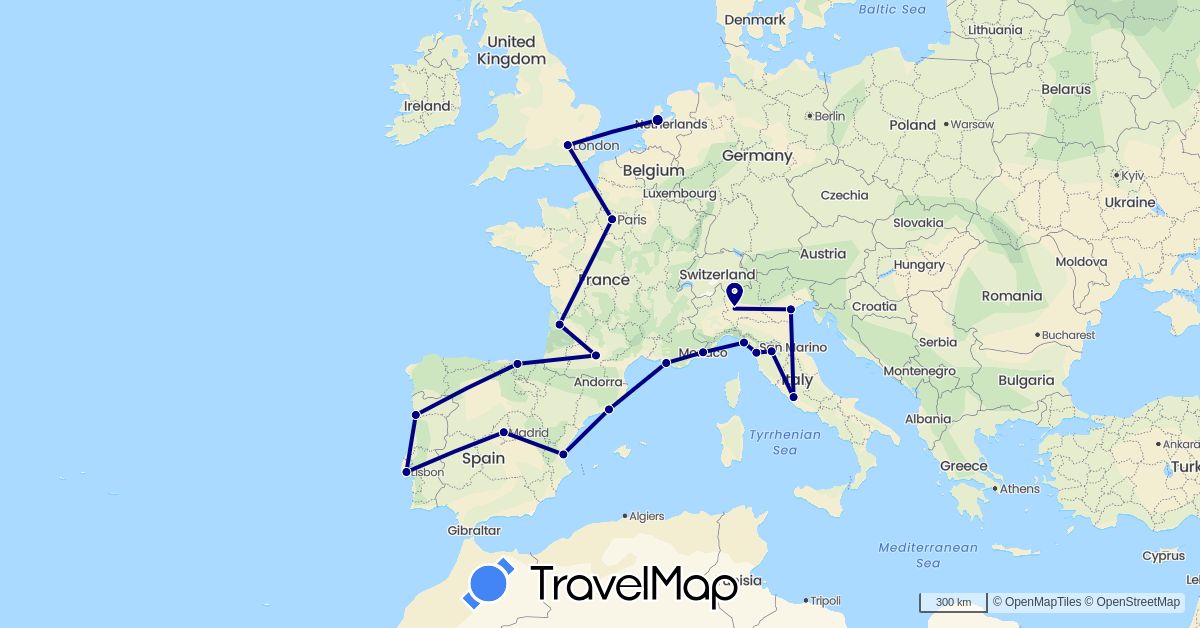 TravelMap itinerary: driving in Spain, France, United Kingdom, Italy, Monaco, Netherlands, Portugal (Europe)